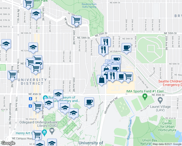 map of restaurants, bars, coffee shops, grocery stores, and more near 4732 22nd Avenue Northeast in Seattle