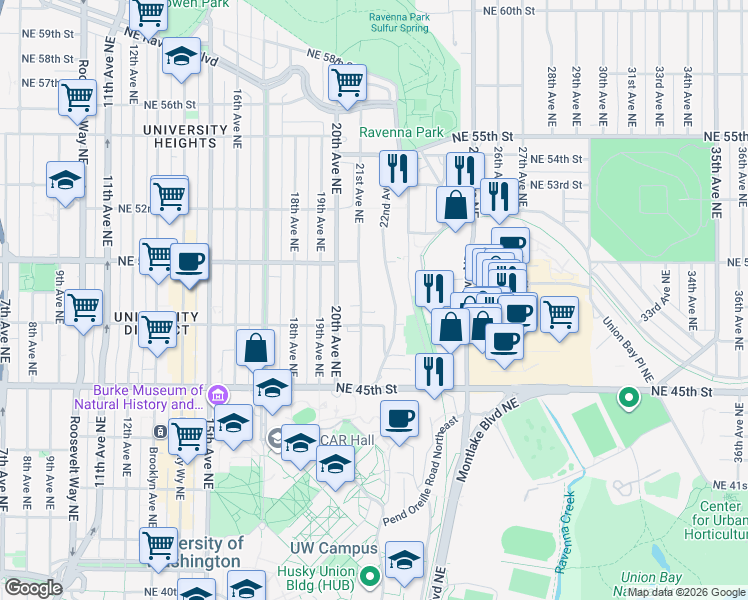 map of restaurants, bars, coffee shops, grocery stores, and more near 4730 21st Avenue Northeast in Seattle