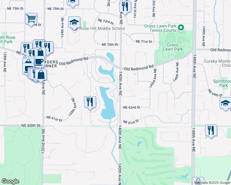 map of restaurants, bars, coffee shops, grocery stores, and more near 6439 139th Avenue Northeast in Redmond