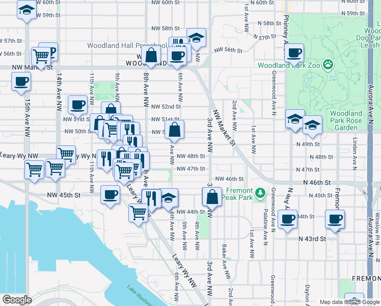 map of restaurants, bars, coffee shops, grocery stores, and more near 336 Northwest 48th Street in Seattle