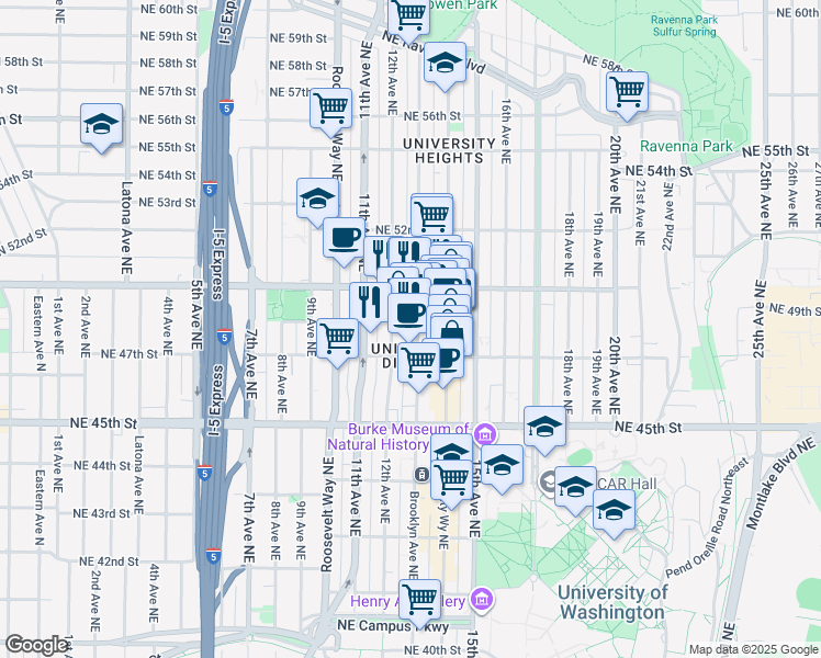 map of restaurants, bars, coffee shops, grocery stores, and more near 4717 Brooklyn Avenue Northeast in Seattle