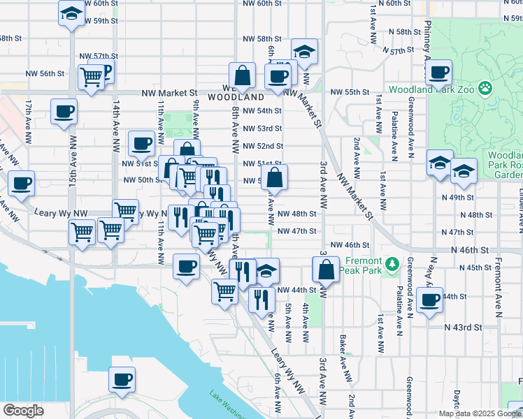 map of restaurants, bars, coffee shops, grocery stores, and more near 610 Northwest 48th Street in Seattle