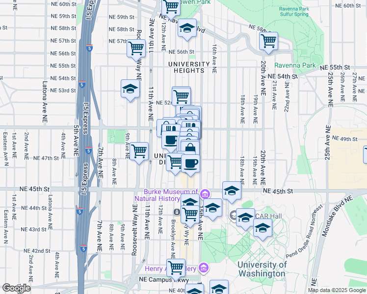 map of restaurants, bars, coffee shops, grocery stores, and more near 4728 University Way Northeast in Seattle