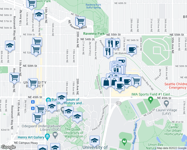 map of restaurants, bars, coffee shops, grocery stores, and more near 4732 22nd Avenue Northeast in Seattle
