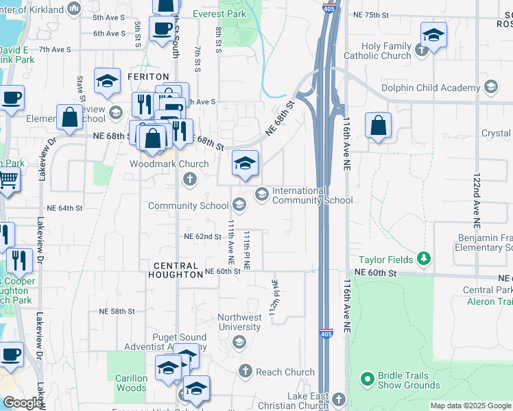 map of restaurants, bars, coffee shops, grocery stores, and more near 11133 Northeast 65th Street in Kirkland