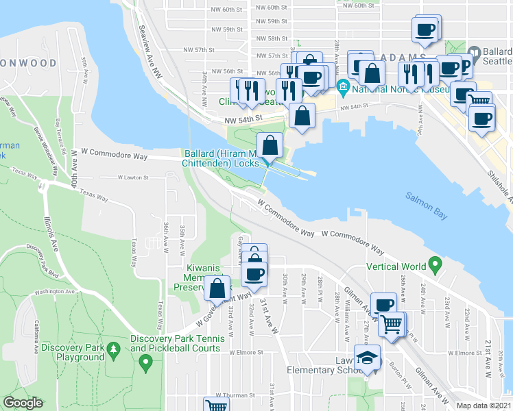 map of restaurants, bars, coffee shops, grocery stores, and more near 3207 West Harley Street in Seattle
