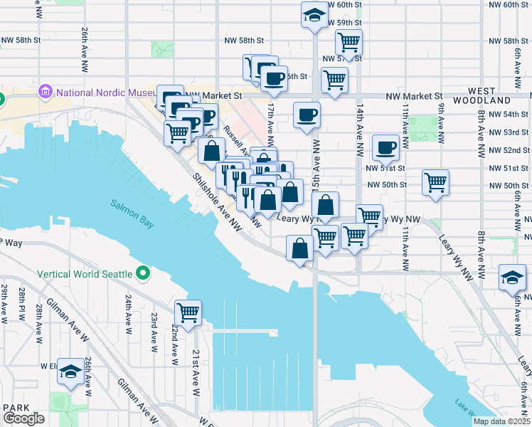 map of restaurants, bars, coffee shops, grocery stores, and more near 3610 Leary Avenue Northwest in Seattle