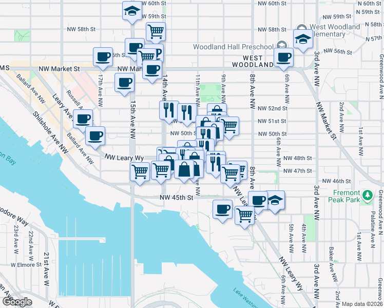 map of restaurants, bars, coffee shops, grocery stores, and more near 1114 Northwest Leary Way in Seattle