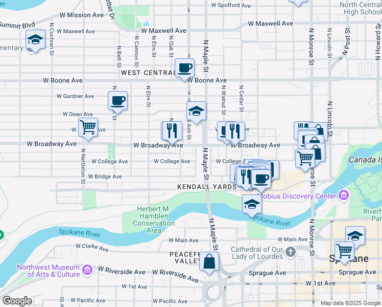map of restaurants, bars, coffee shops, grocery stores, and more near 713 North Ash Street in Spokane