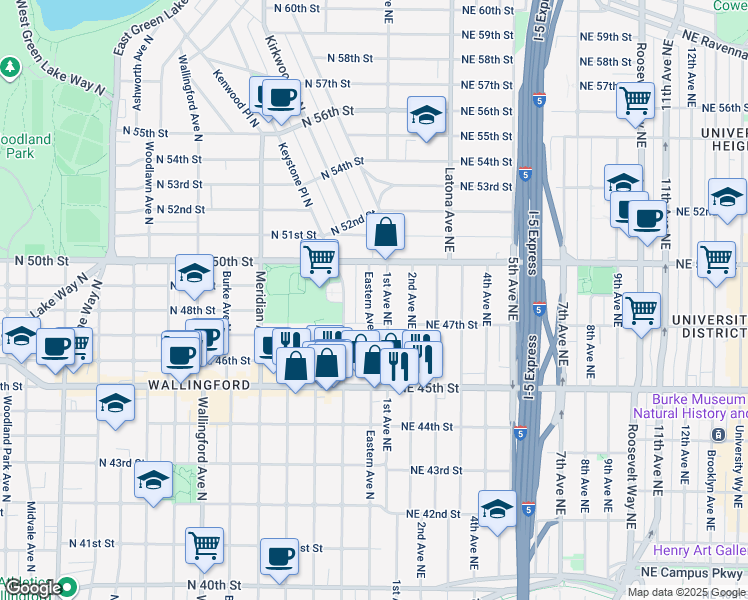 map of restaurants, bars, coffee shops, grocery stores, and more near 4642 Eastern Avenue North in Seattle
