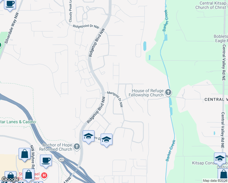 map of restaurants, bars, coffee shops, grocery stores, and more near 11002 Marigold Drive Northwest in Silverdale
