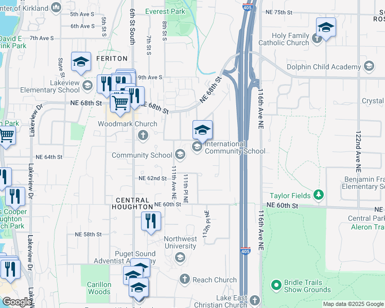 map of restaurants, bars, coffee shops, grocery stores, and more near 11133 Northeast 65th Street in Kirkland