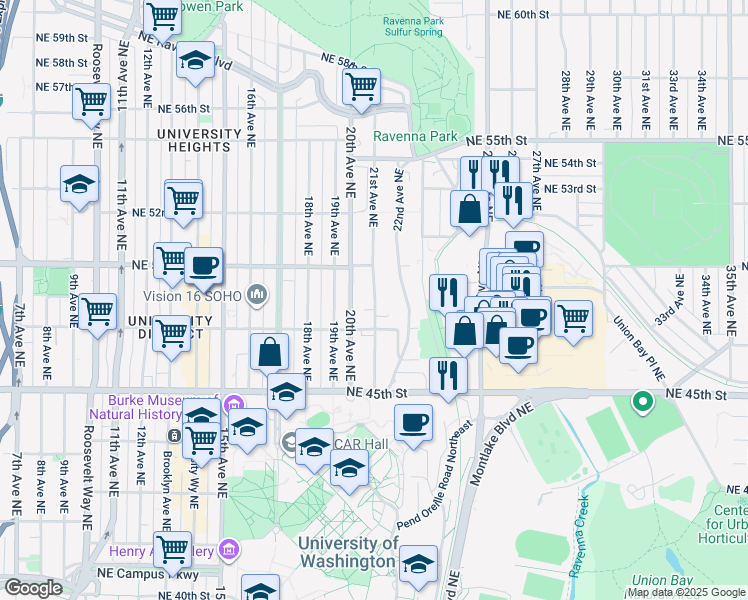 map of restaurants, bars, coffee shops, grocery stores, and more near 4742 20th Avenue Northeast in Seattle