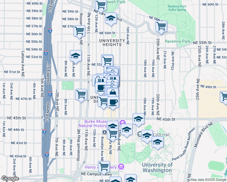 map of restaurants, bars, coffee shops, grocery stores, and more near 4728 University Way Northeast in Seattle
