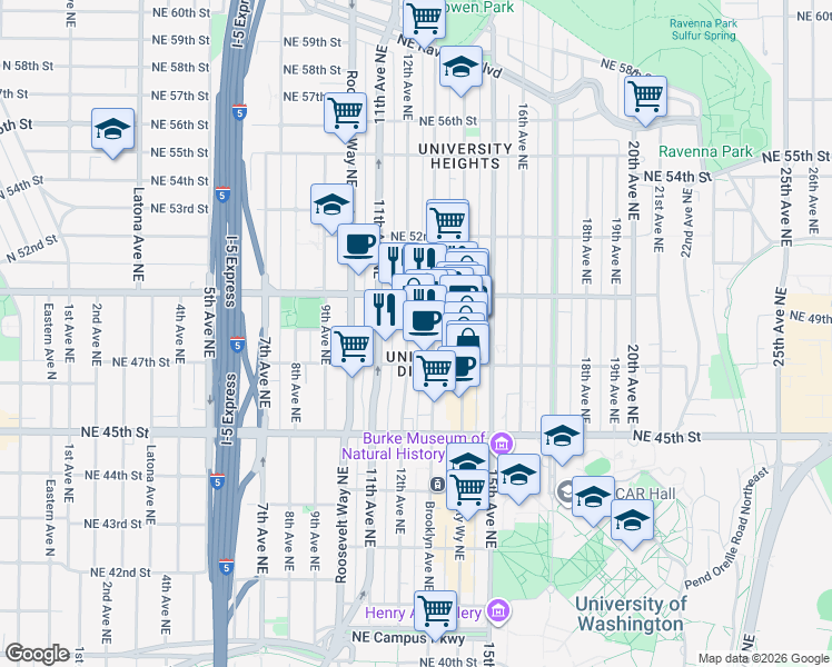 map of restaurants, bars, coffee shops, grocery stores, and more near 4727 Brooklyn Avenue Northeast in Seattle