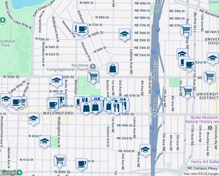 map of restaurants, bars, coffee shops, grocery stores, and more near 4642 Eastern Avenue North in Seattle