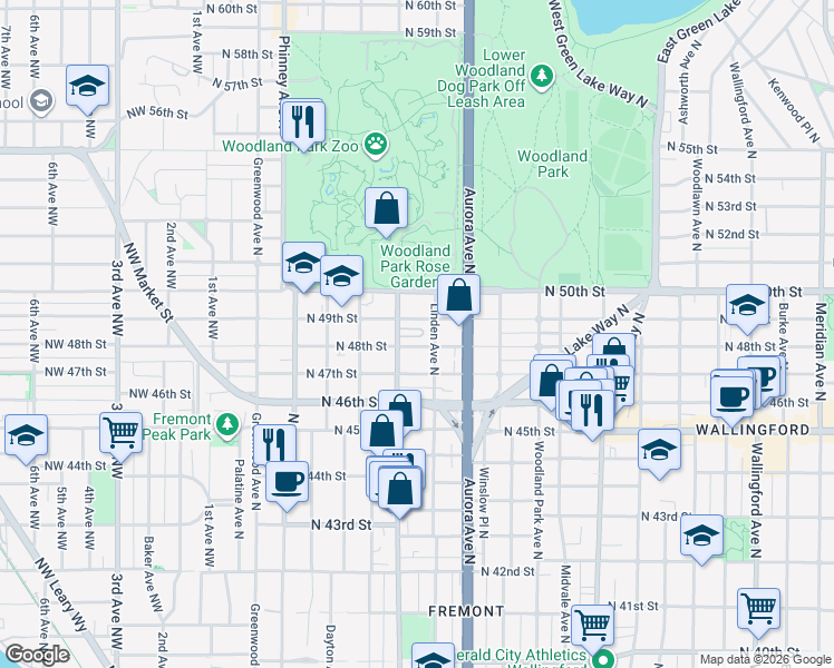 map of restaurants, bars, coffee shops, grocery stores, and more near 4800 Fremont Avenue North in Seattle