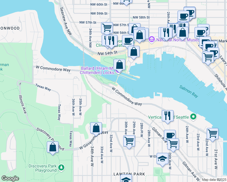 map of restaurants, bars, coffee shops, grocery stores, and more near 3207 West Harley Street in Seattle