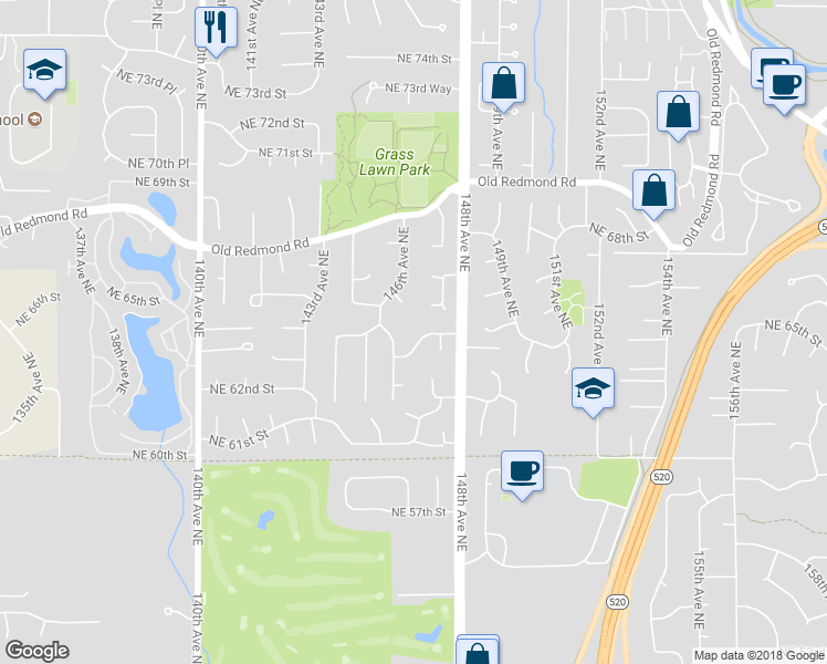map of restaurants, bars, coffee shops, grocery stores, and more near 14624 Northeast 64th Street in Redmond