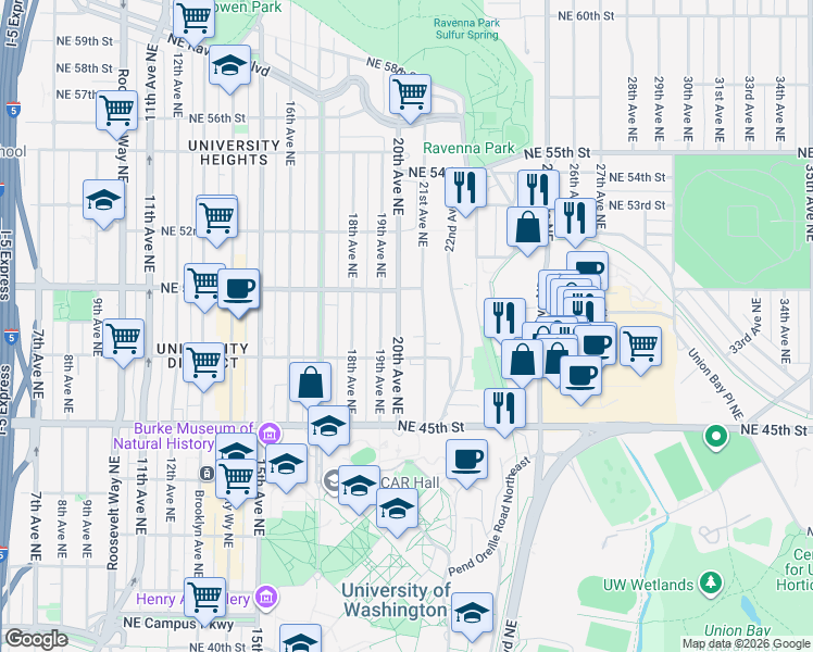 map of restaurants, bars, coffee shops, grocery stores, and more near 4742 20th Avenue Northeast in Seattle