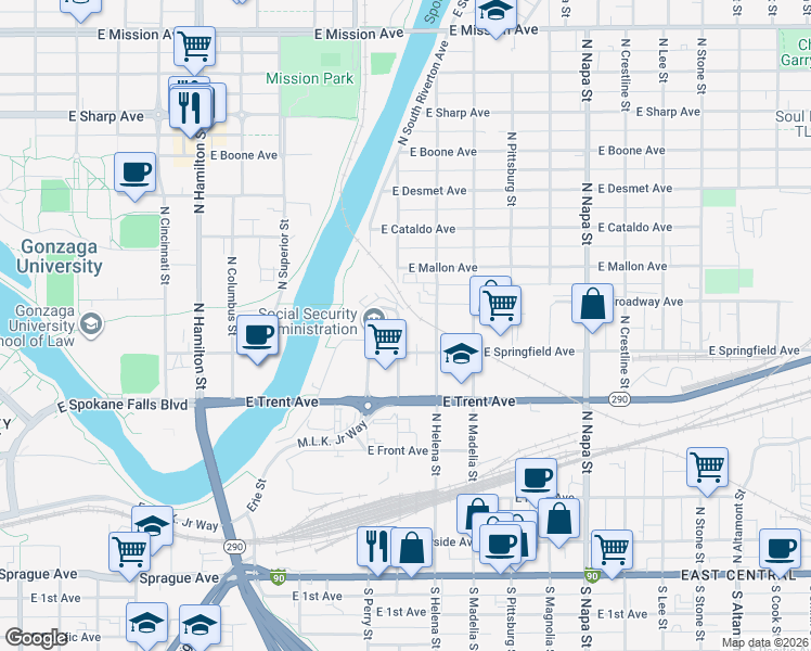 map of restaurants, bars, coffee shops, grocery stores, and more near 728 North Hogan Street in Spokane