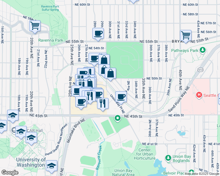 map of restaurants, bars, coffee shops, grocery stores, and more near 2511 Northeast Blakeley Street in Seattle