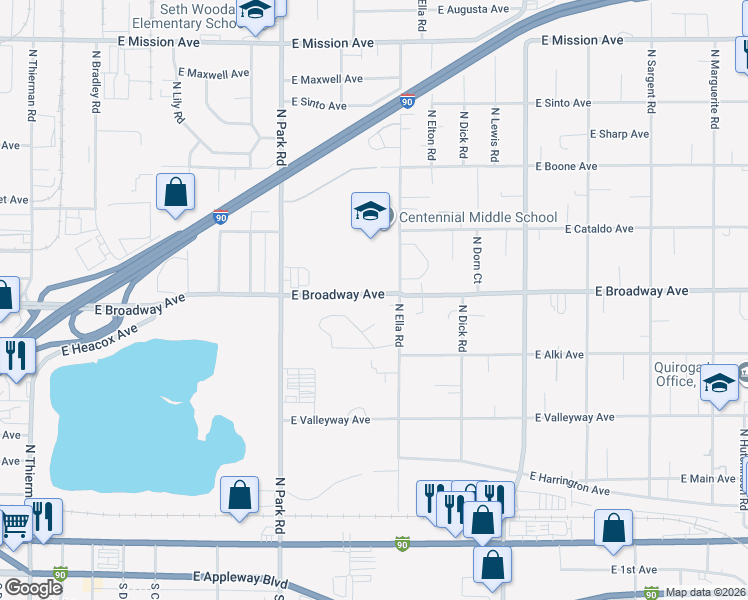 map of restaurants, bars, coffee shops, grocery stores, and more near 7724 East Broadway Avenue in Spokane Valley