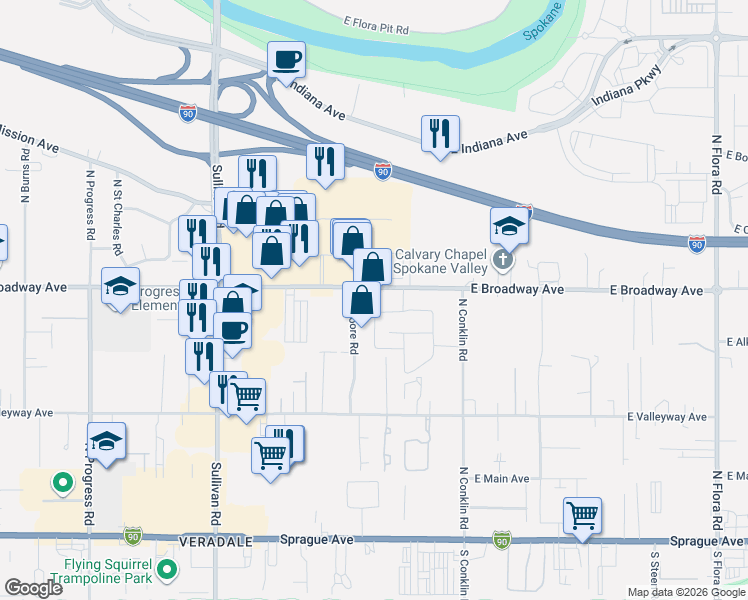 map of restaurants, bars, coffee shops, grocery stores, and more near 16002 East Broadway Avenue in Spokane Valley