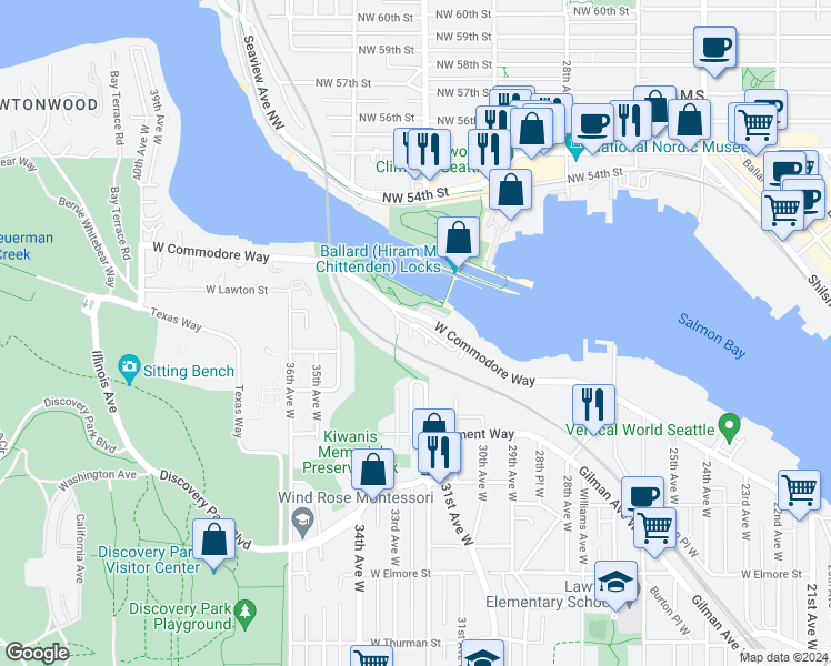 map of restaurants, bars, coffee shops, grocery stores, and more near 3207 West Harley Street in Seattle