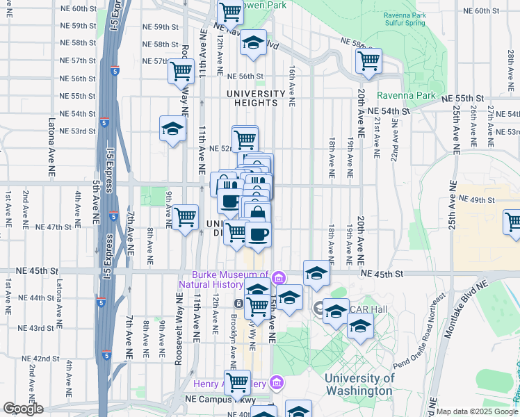 map of restaurants, bars, coffee shops, grocery stores, and more near 4728 University Way Northeast in Seattle