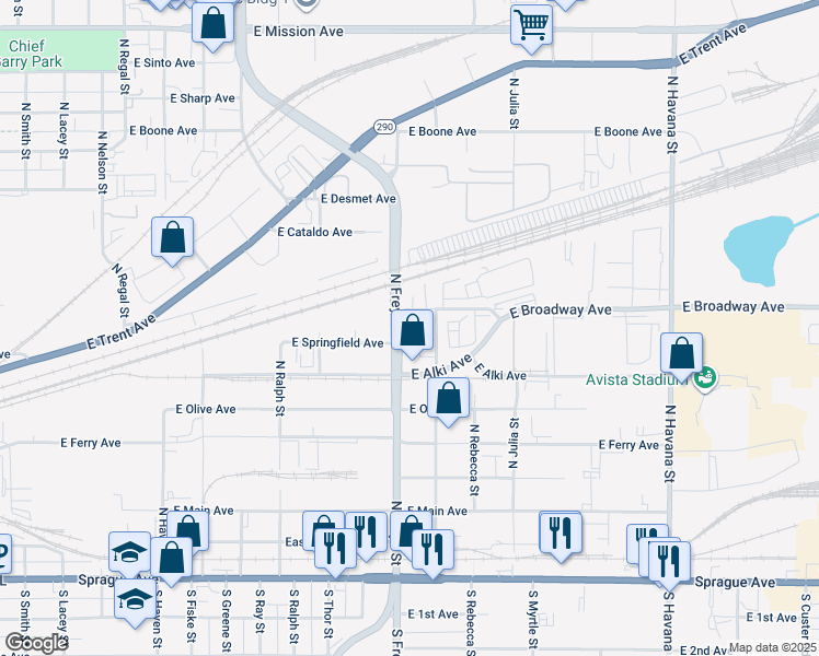 map of restaurants, bars, coffee shops, grocery stores, and more near 3613 East Springfield Avenue in Spokane