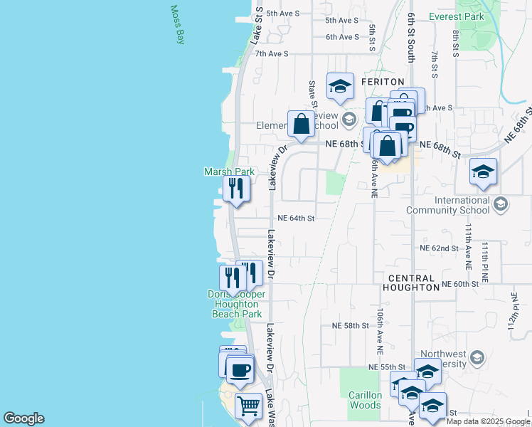 map of restaurants, bars, coffee shops, grocery stores, and more near 10150 Northeast 64th Street in Kirkland