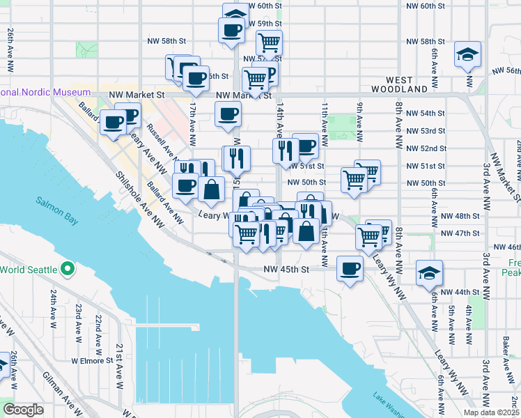 map of restaurants, bars, coffee shops, grocery stores, and more near 1426 NW Leary Way in Seattle