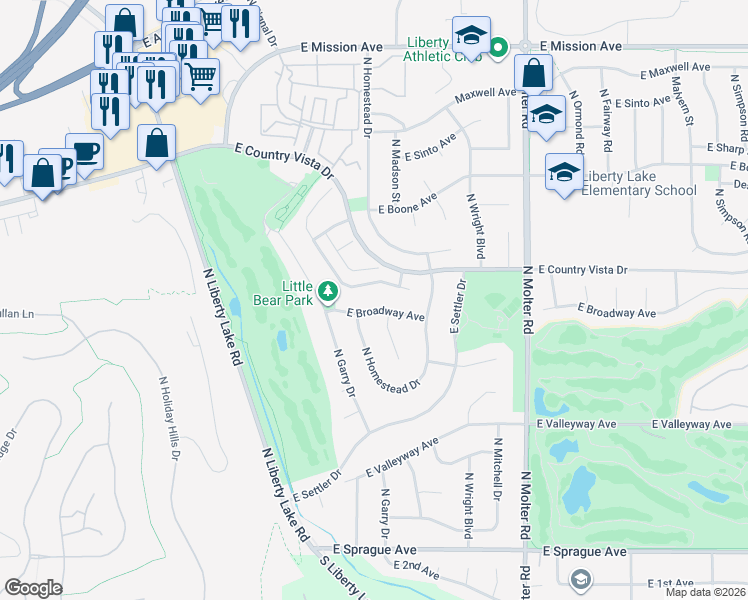 map of restaurants, bars, coffee shops, grocery stores, and more near 23029 E Broadway Ave in Liberty Lake