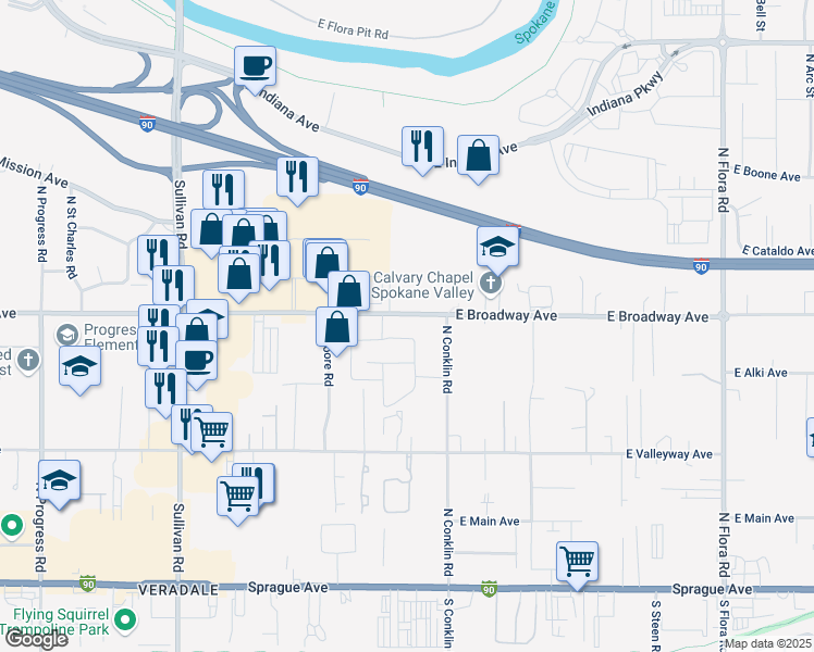 map of restaurants, bars, coffee shops, grocery stores, and more near 16120 East Broadway Avenue in Spokane Valley