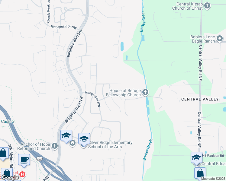 map of restaurants, bars, coffee shops, grocery stores, and more near 1084 Northwest Gladiola Court in Silverdale