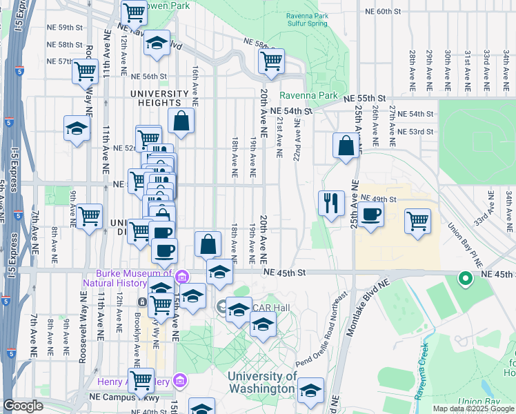 map of restaurants, bars, coffee shops, grocery stores, and more near 4730 19th Avenue Northeast in Seattle