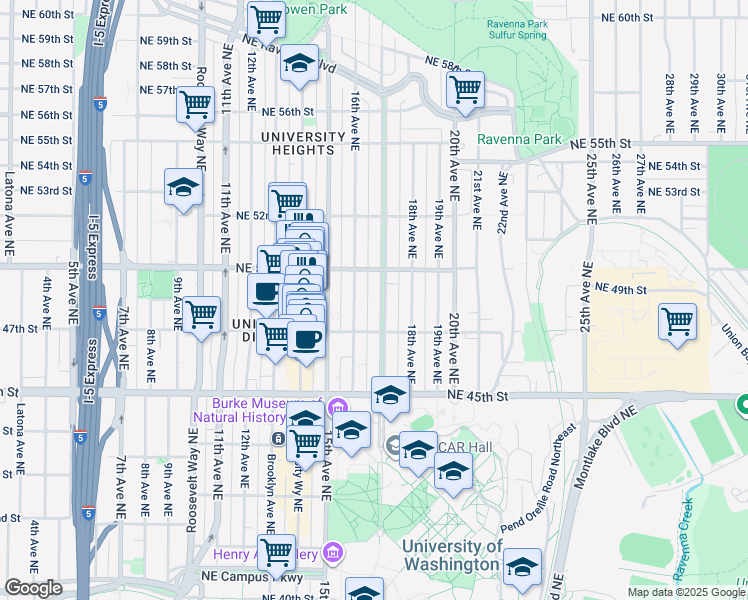 map of restaurants, bars, coffee shops, grocery stores, and more near 4733 17th Avenue Northeast in Seattle
