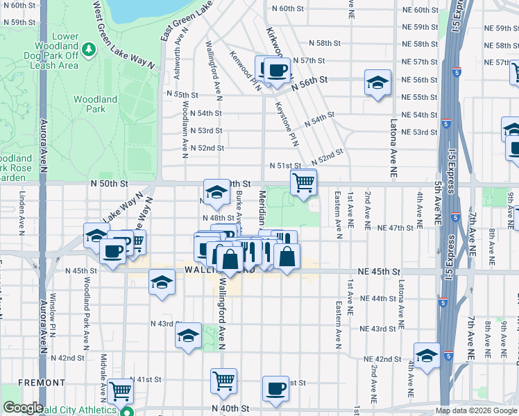 map of restaurants, bars, coffee shops, grocery stores, and more near 4811 Meridian Avenue North in Seattle