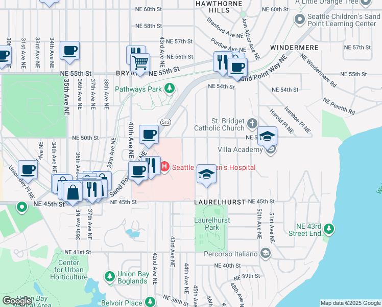 map of restaurants, bars, coffee shops, grocery stores, and more near 4729 45th Avenue Northeast in Seattle