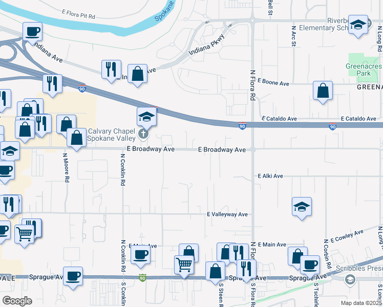 map of restaurants, bars, coffee shops, grocery stores, and more near 16708 East Broadway Avenue in Spokane Valley