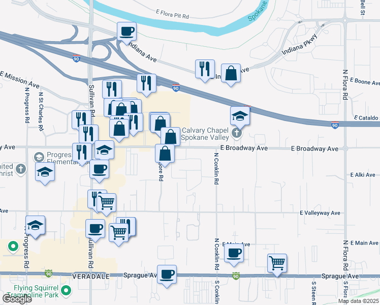 map of restaurants, bars, coffee shops, grocery stores, and more near 16120 East Broadway Avenue in Spokane Valley