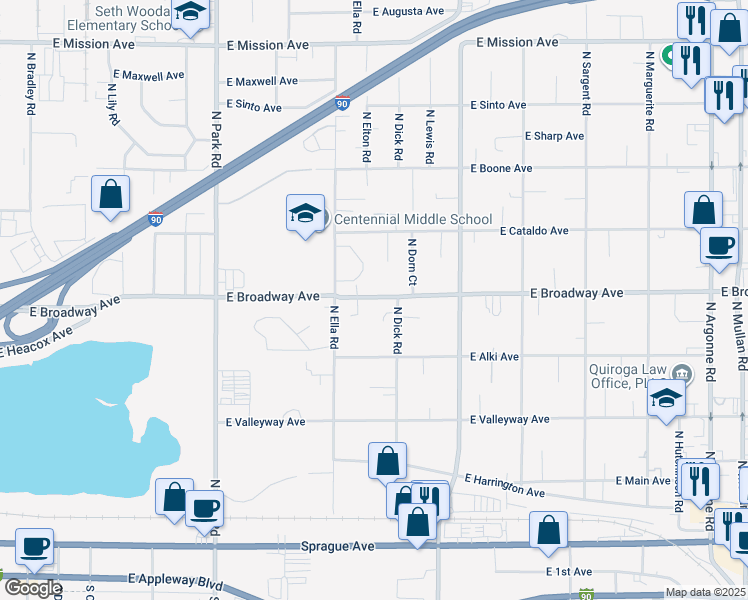 map of restaurants, bars, coffee shops, grocery stores, and more near 8020 East Broadway Avenue in Spokane Valley