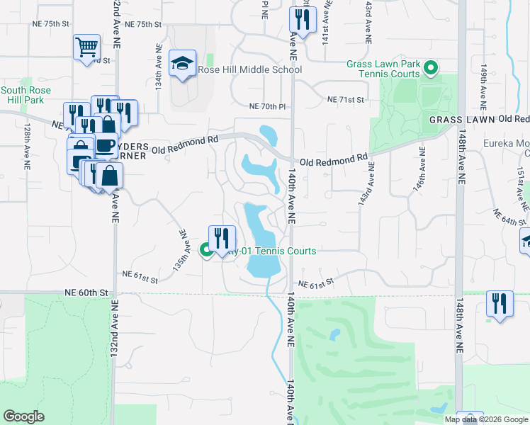 map of restaurants, bars, coffee shops, grocery stores, and more near 13859 Northeast 65th Street in Redmond
