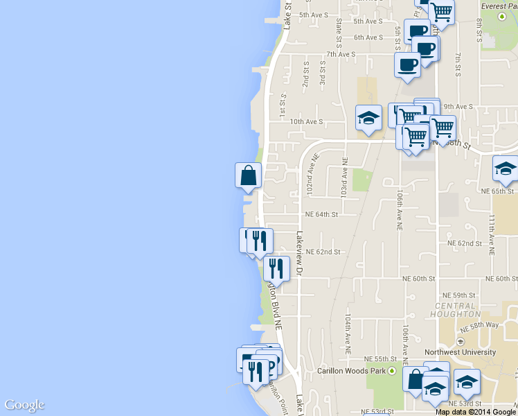 map of restaurants, bars, coffee shops, grocery stores, and more near 6401 Lake Washington Boulevard Northeast in Kirkland