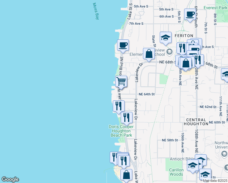 map of restaurants, bars, coffee shops, grocery stores, and more near 6401 Lake Washington Boulevard Northeast in Kirkland