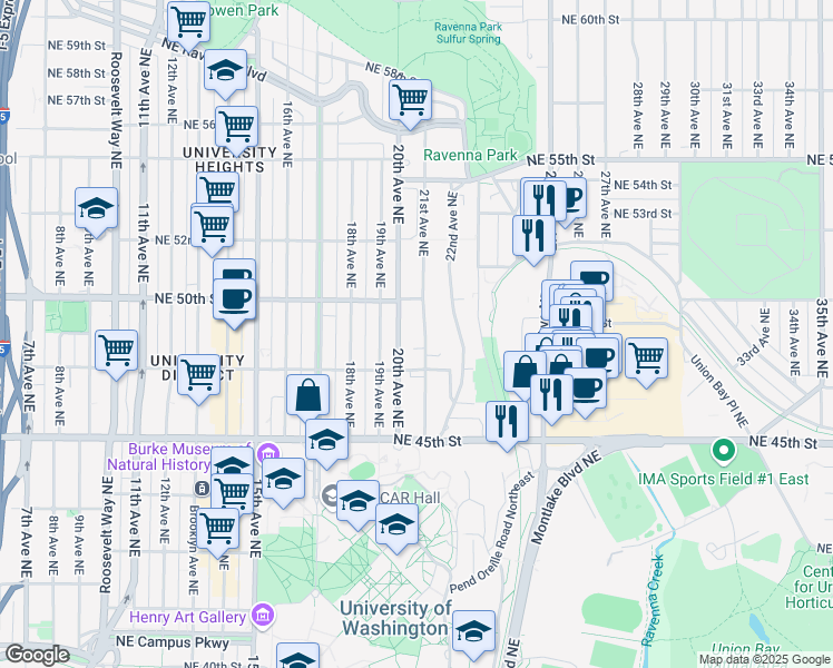 map of restaurants, bars, coffee shops, grocery stores, and more near 4742 20th Avenue Northeast in Seattle