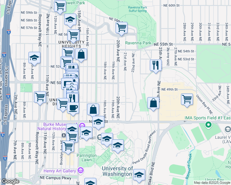 map of restaurants, bars, coffee shops, grocery stores, and more near 4730 19th Avenue Northeast in Seattle