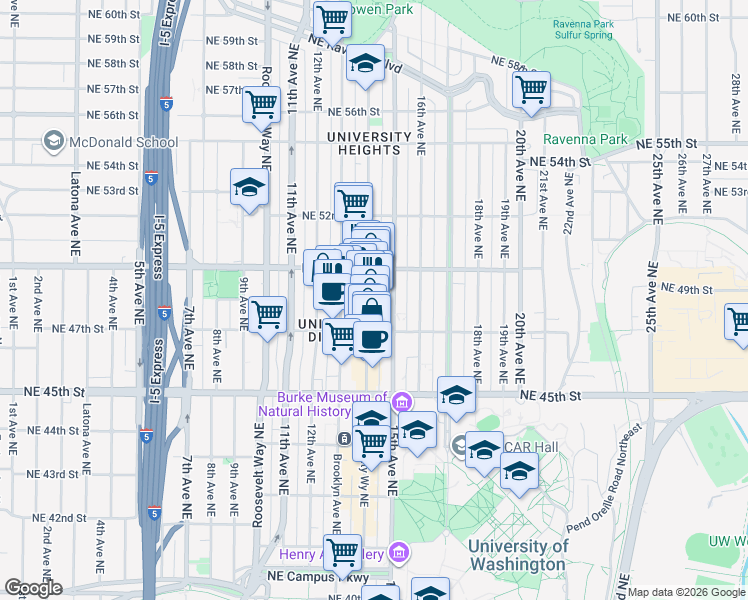 map of restaurants, bars, coffee shops, grocery stores, and more near 4728 University Way Northeast in Seattle