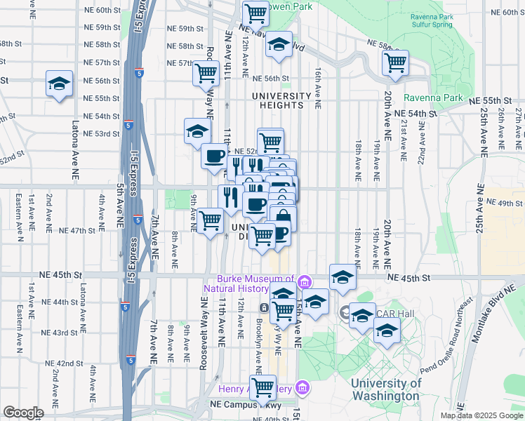 map of restaurants, bars, coffee shops, grocery stores, and more near 4727 Brooklyn Avenue Northeast in Seattle